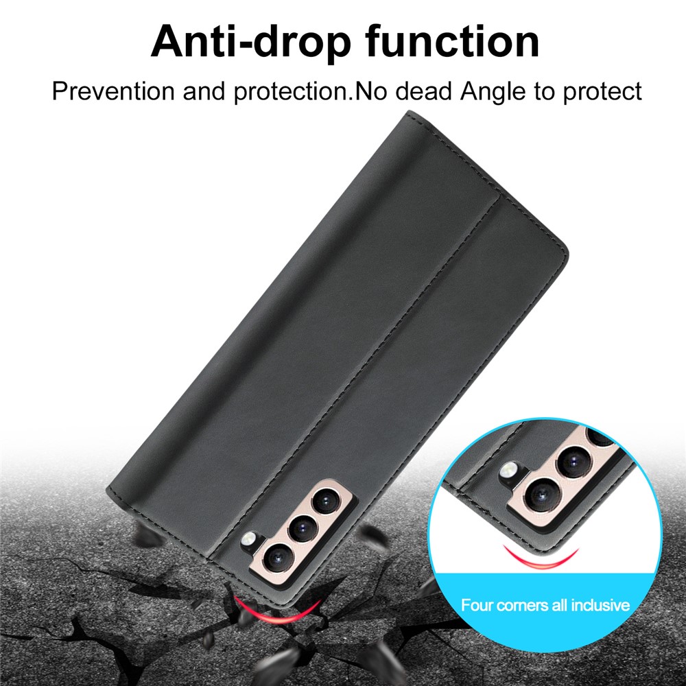 LC.IMEEKE Strong Auto-absorbed Magnetic Edge Business Style Leather Phone Cover for Samsung Galaxy S21 5G - Black-13