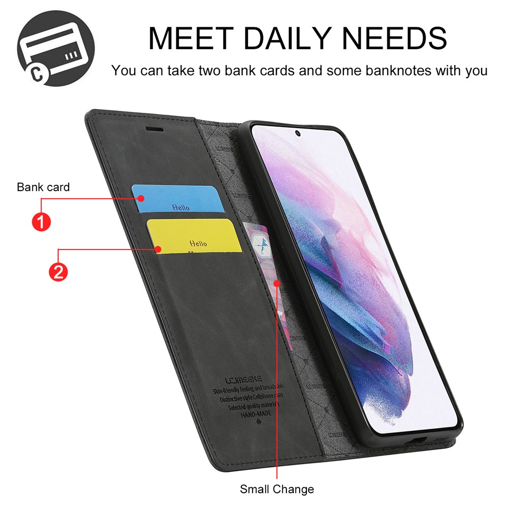 LC.IMEEKE Strong Auto-absorbed Magnetic Edge Business Style Leather Phone Cover for Samsung Galaxy S21 5G - Black-14