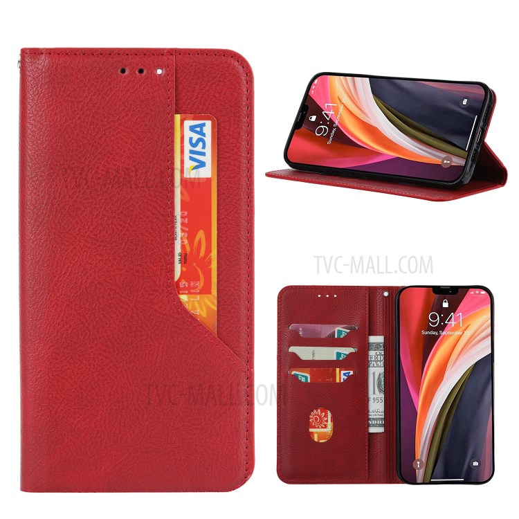 Auto-absorbed Leather Wallet Stand Protective Cover for Samsung Galaxy S21 Ultra 5G - Red-1