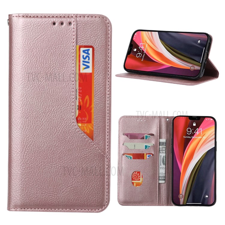 Auto-absorbed Leather Wallet Stand Protective Cover for Samsung Galaxy S21 Ultra 5G - Rose Gold-1