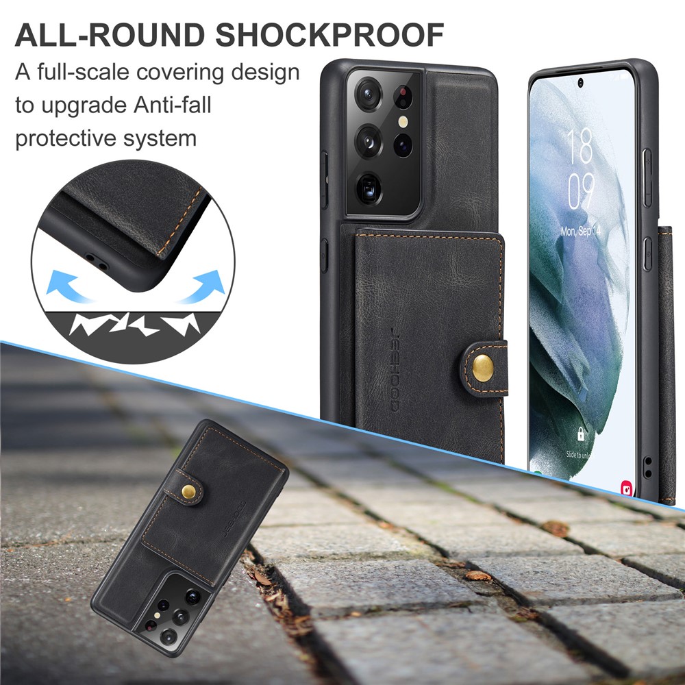 JEEHOOD Detachable 2 in 1 Magnetic Wallet Design Leather Coated TPU Case for Samsung Galaxy S21 Ultra 5G - Black-5