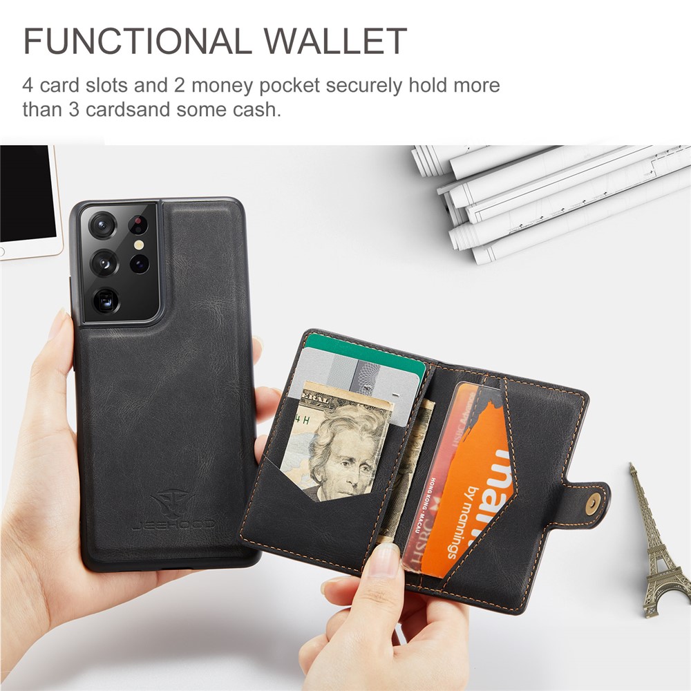 JEEHOOD Detachable 2 in 1 Magnetic Wallet Design Leather Coated TPU Case for Samsung Galaxy S21 Ultra 5G - Black-6