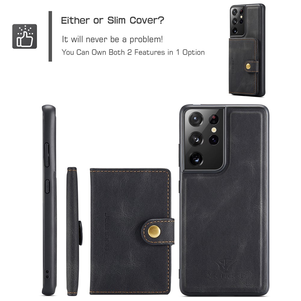 JEEHOOD Detachable 2 in 1 Magnetic Wallet Design Leather Coated TPU Case for Samsung Galaxy S21 Ultra 5G - Black-8