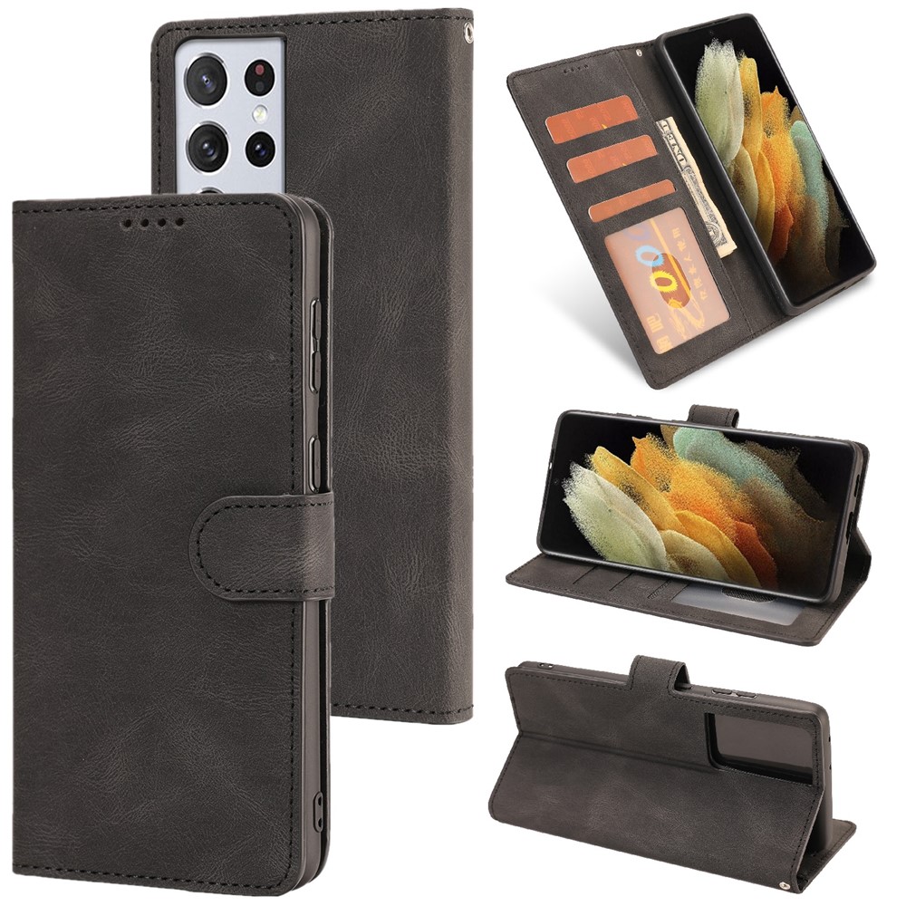 Wallet Stand Design Fantasy Classic Leather Phone Case for Samsung Galaxy S21 Ultra - Black-1