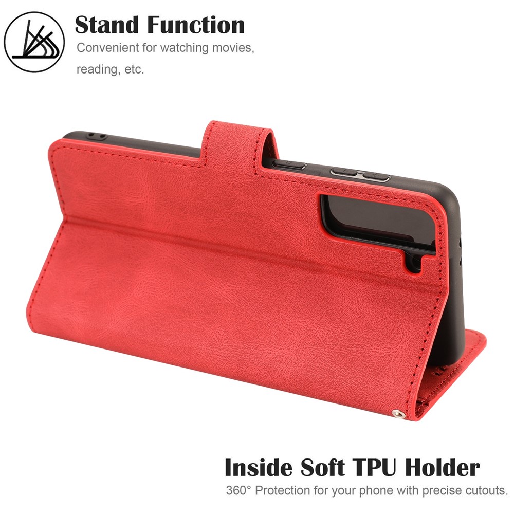 Fantasy Classic Leather Wallet Phone Case with Stand for Samsung Galaxy S21 5G - Red-6