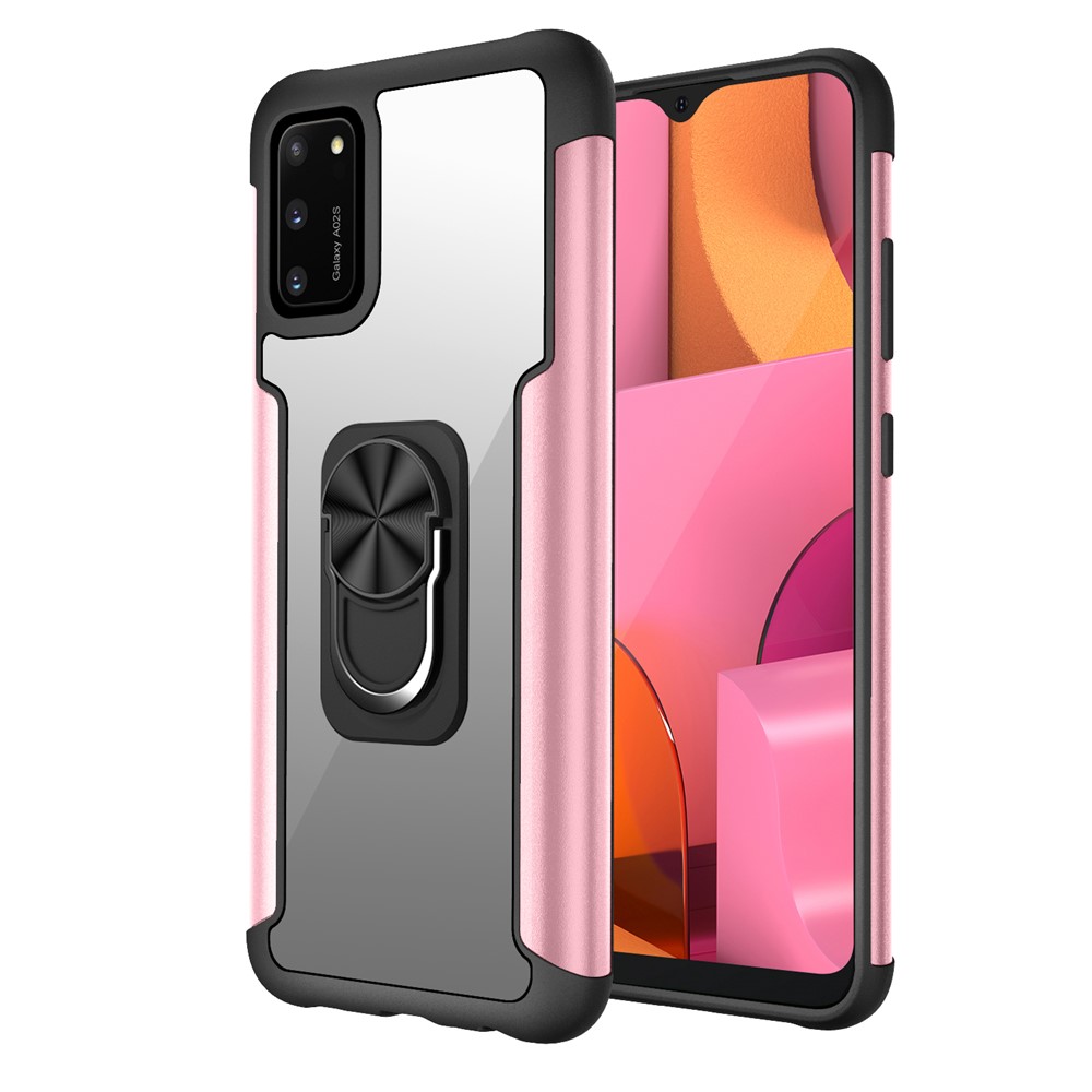 Finger Ring Kickstand PC+TPU Hybrid Phone Case with Built-in Magnetic Sheet Design for Samsung Galaxy A02s (164.2x75.9x9.1mm) - Rose Gold