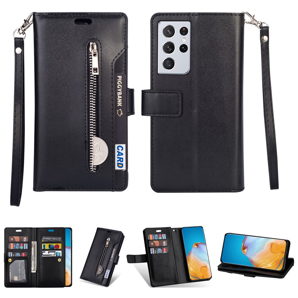 Multi-function Leather Wallet Stand Cover Case for Samsung Galaxy S21 Ultra 5G - Black-1