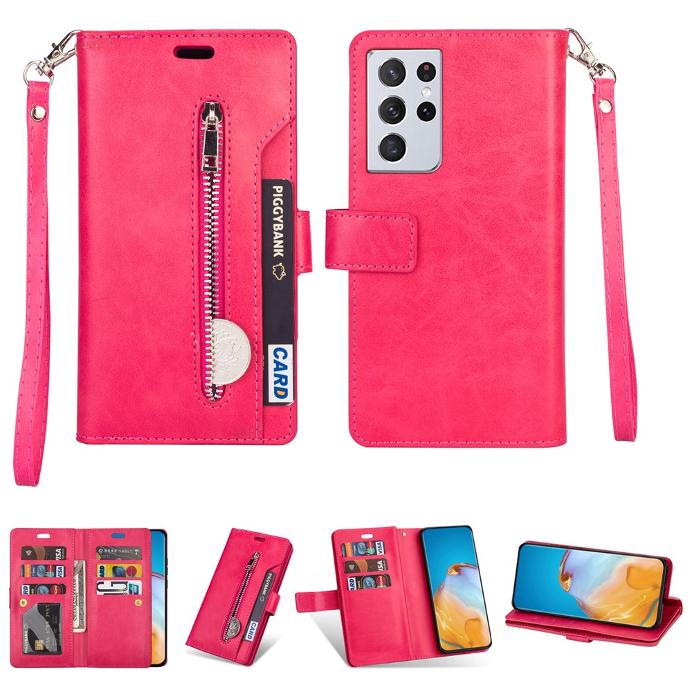Multi-function Leather Wallet Stand Cover Case for Samsung Galaxy S21 Ultra 5G - Rose-1