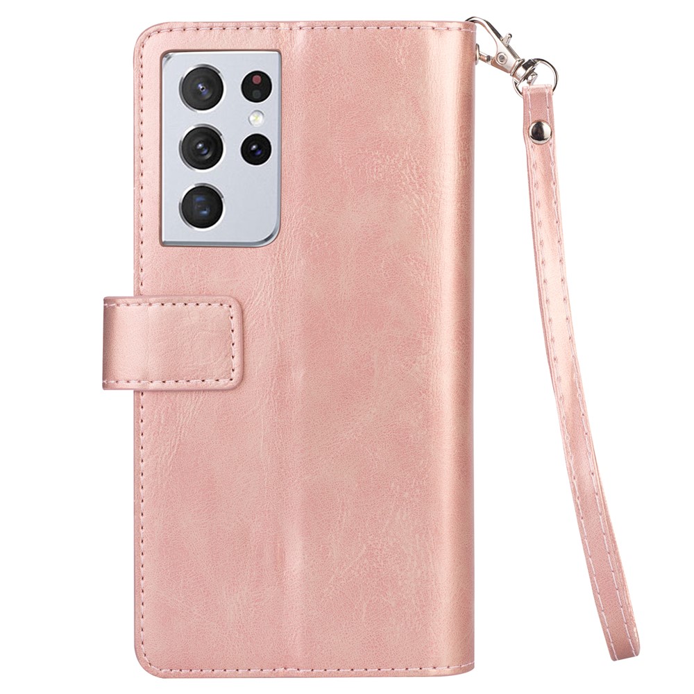Multi-function Leather Wallet Stand Cover Case for Samsung Galaxy S21 Ultra 5G - Rose Gold-3