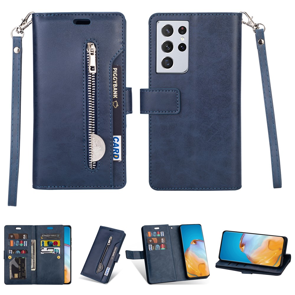 Multi-function Leather Wallet Stand Cover Case for Samsung Galaxy S21 Ultra 5G - Blue-1
