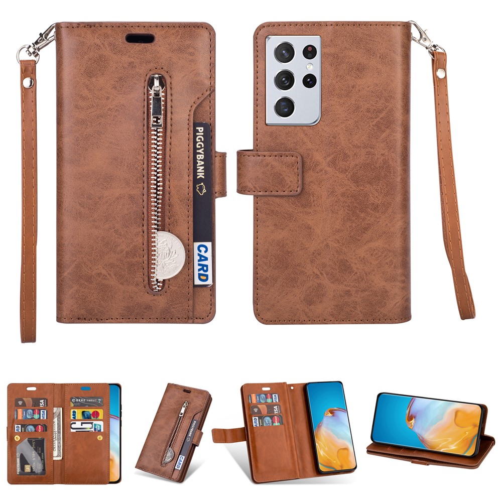 Multi-function Leather Wallet Stand Cover Case for Samsung Galaxy S21 Ultra 5G - Brown-1