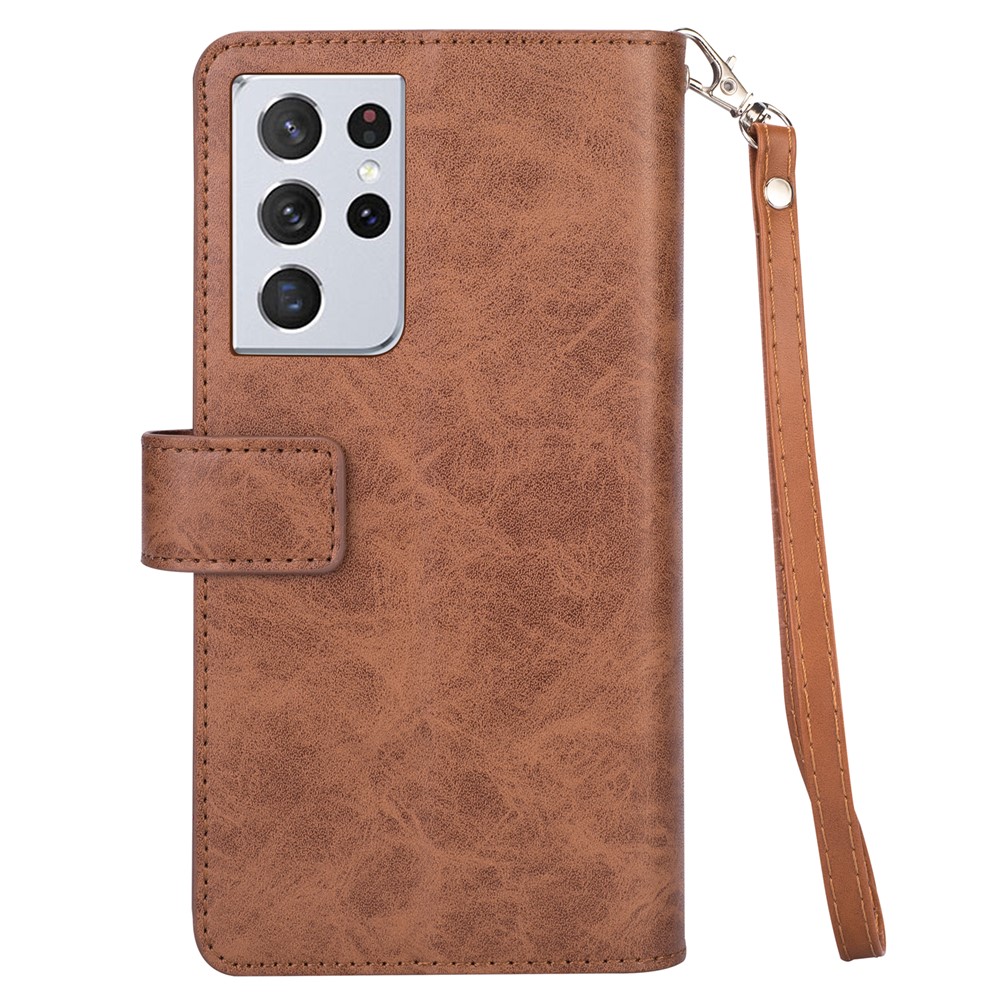 Multi-function Leather Wallet Stand Cover Case for Samsung Galaxy S21 Ultra 5G - Brown-3