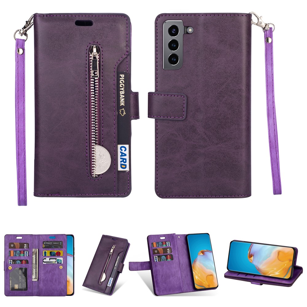 Multi-function Leather Wallet Stand Cover Case for Samsung Galaxy S21+ 5G - Purple-1