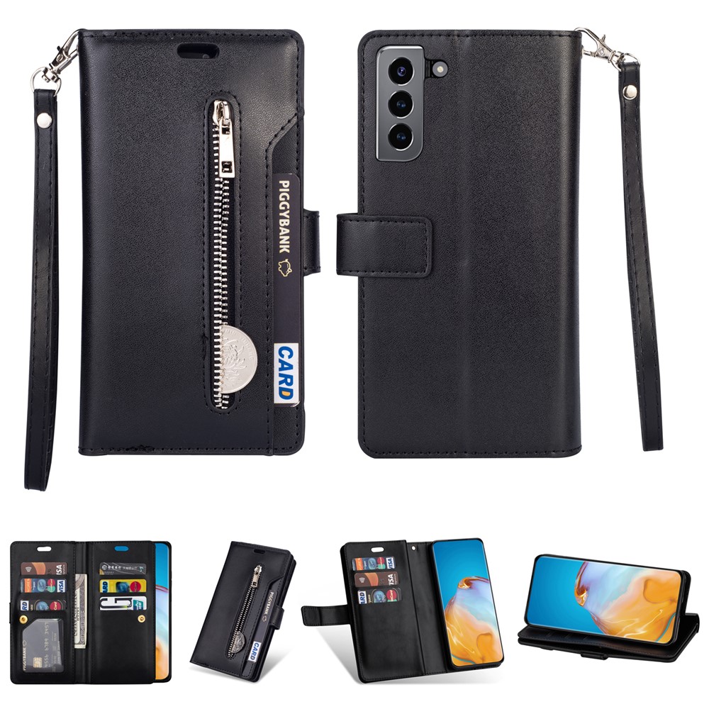 Multi-function Leather Wallet Stand Cover Case for Samsung Galaxy S21 5G - Black-1