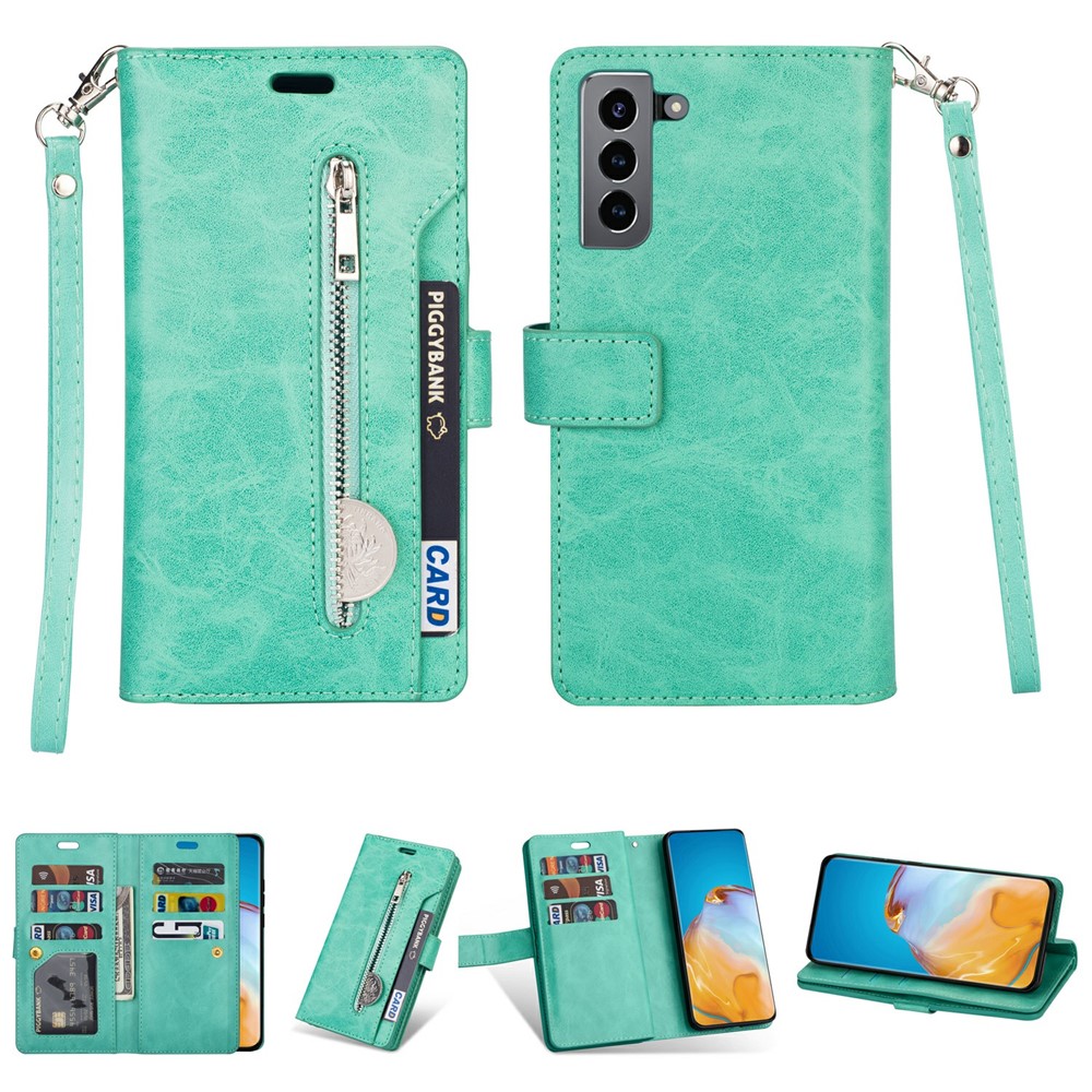 Multi-function Leather Wallet Stand Cover Case for Samsung Galaxy S21 5G - Green-1