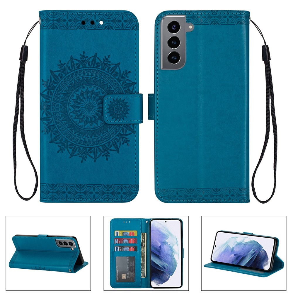 Imprinted Mandala Flower Wallet Leather Case with Strap for Samsung Galaxy S21+ 5G - Blue-1