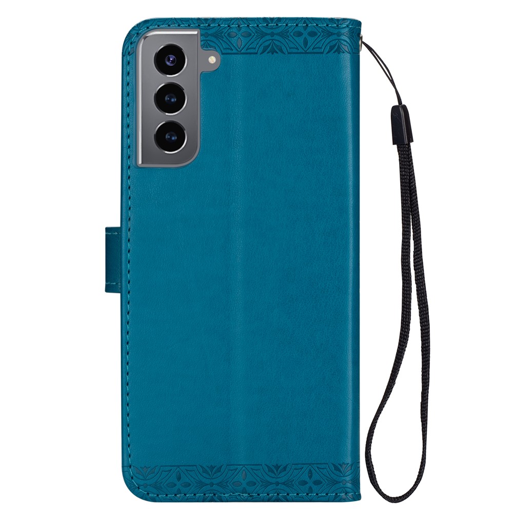 Imprinted Mandala Flower Wallet Leather Case with Strap for Samsung Galaxy S21+ 5G - Blue-3