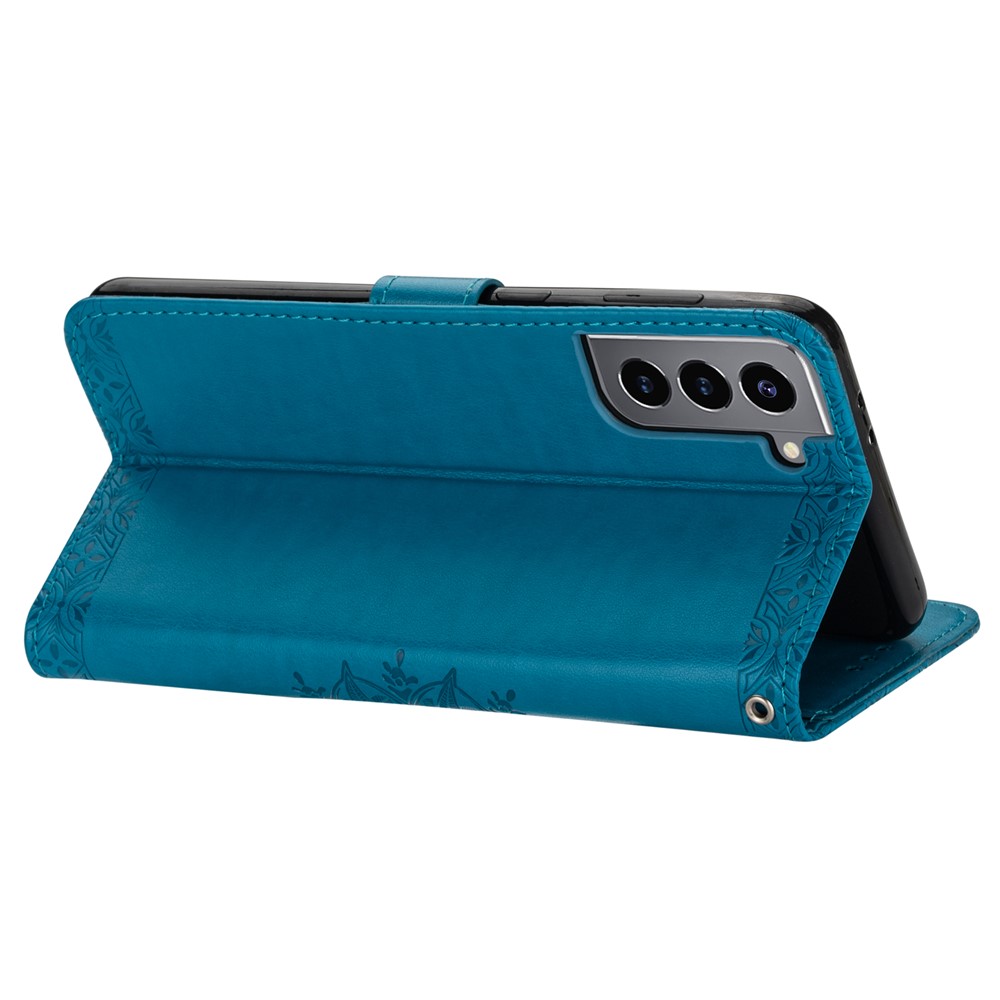 Imprinted Mandala Flower Wallet Leather Case with Strap for Samsung Galaxy S21+ 5G - Blue-4
