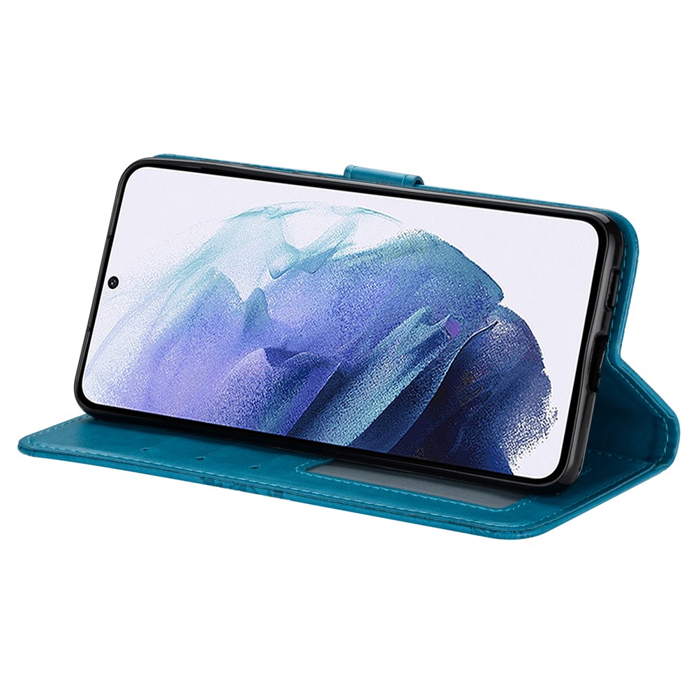 Imprinted Mandala Flower Wallet Leather Case with Strap for Samsung Galaxy S21+ 5G - Blue-5