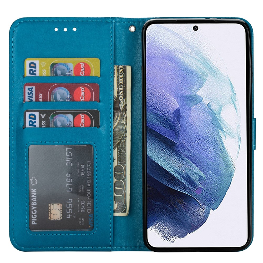 Imprinted Mandala Flower Wallet Leather Case with Strap for Samsung Galaxy S21+ 5G - Blue-6