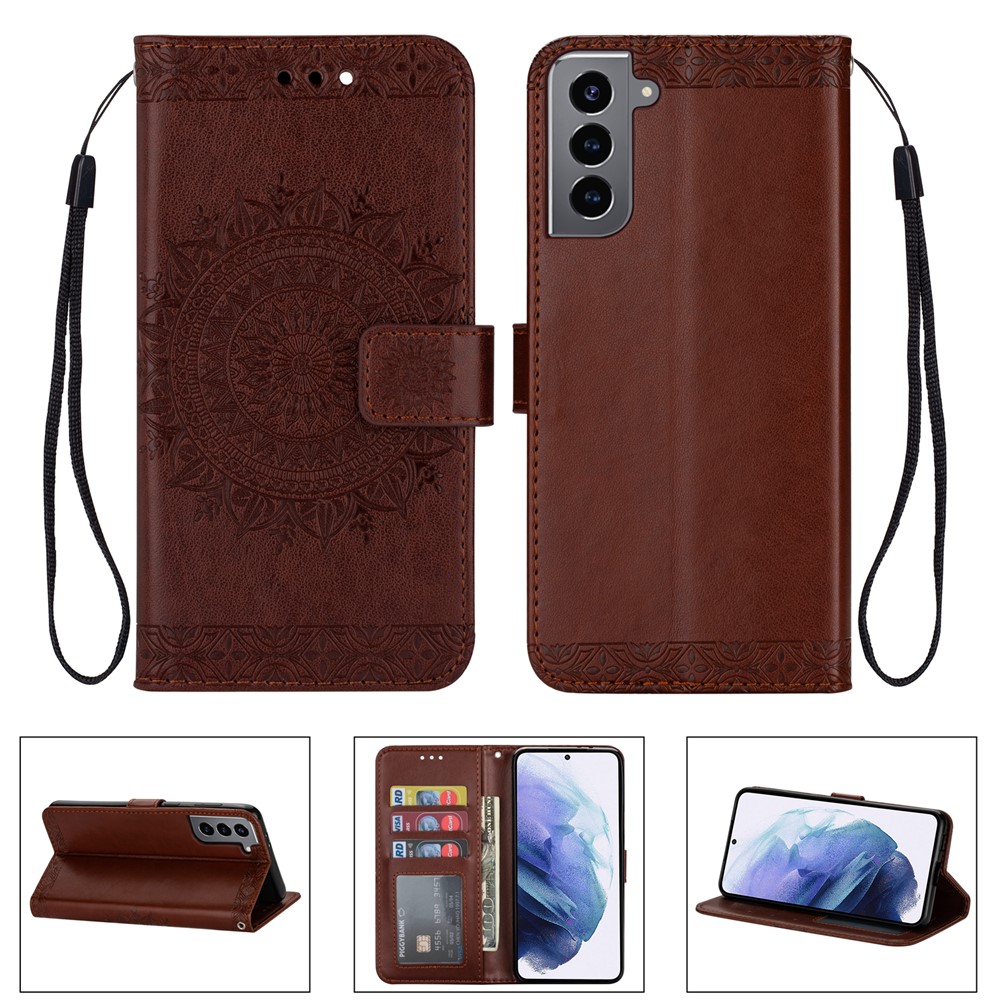 Imprinted Mandala Flower Wallet Leather Case with Strap for Samsung Galaxy S21+ 5G - Brown-1