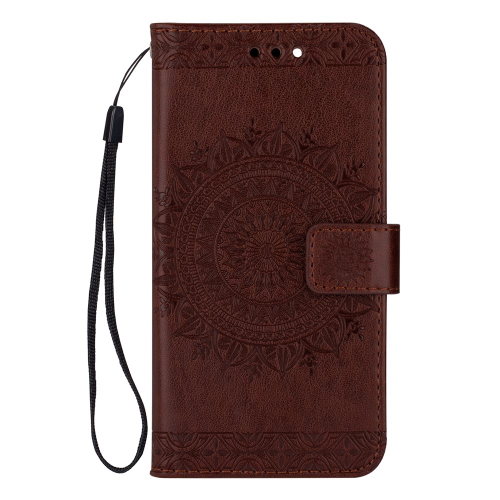 Imprinted Mandala Flower Wallet Leather Case with Strap for Samsung Galaxy S21+ 5G - Brown-2
