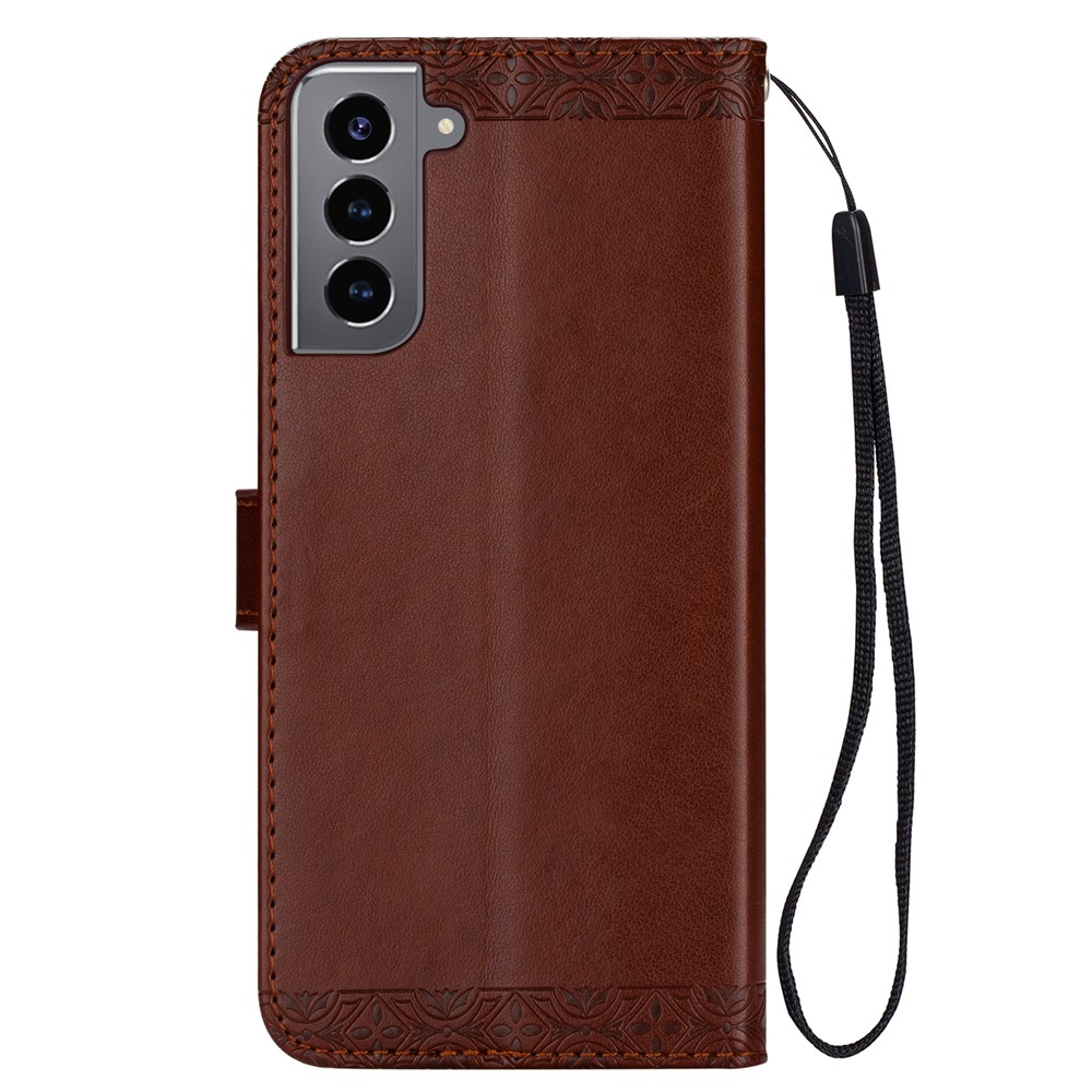 Imprinted Mandala Flower Wallet Leather Case with Strap for Samsung Galaxy S21+ 5G - Brown-3