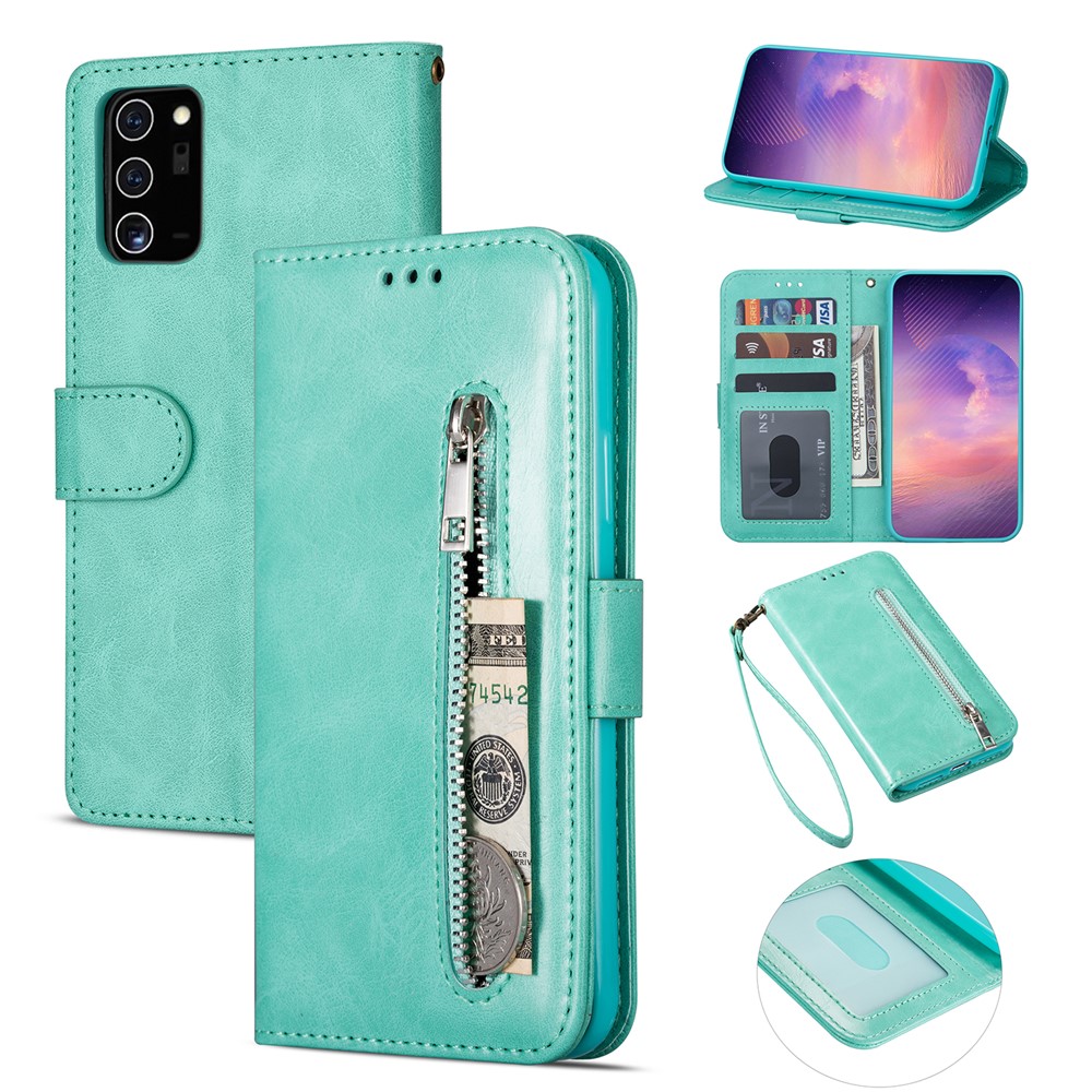 Zipper Pocket Leather Stand Case with Card Slots for Samsung Galaxy A72 5G - Green-1