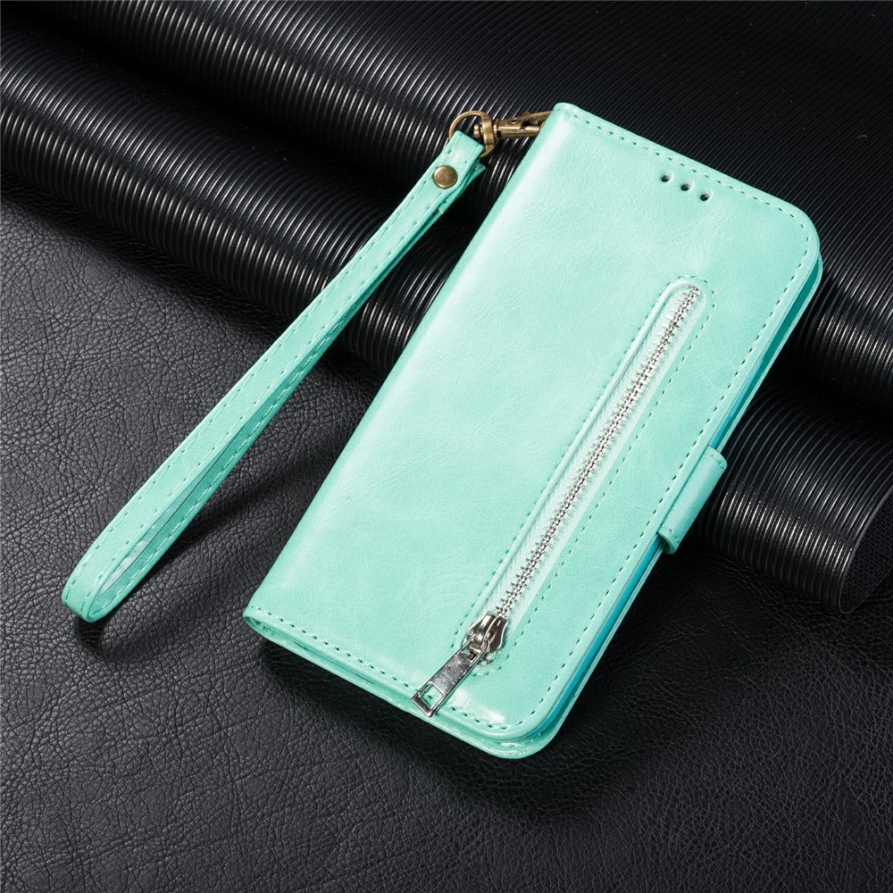 Zipper Pocket Leather Stand Case with Card Slots for Samsung Galaxy A72 5G - Green-6