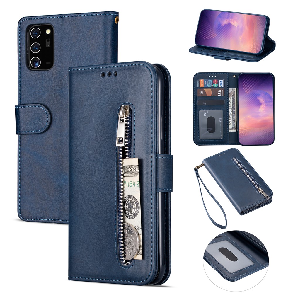 Zipper Pocket Leather Stand Case with Card Slots for Samsung Galaxy A32 5G - Blue-1