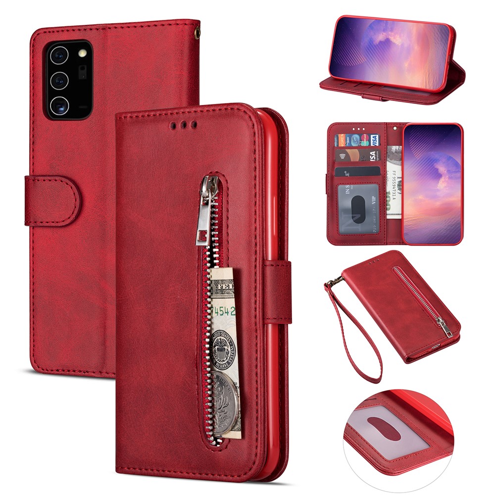 Zipper Pocket Leather Stand Case with Card Slots for Samsung Galaxy A52 5G - Red-1