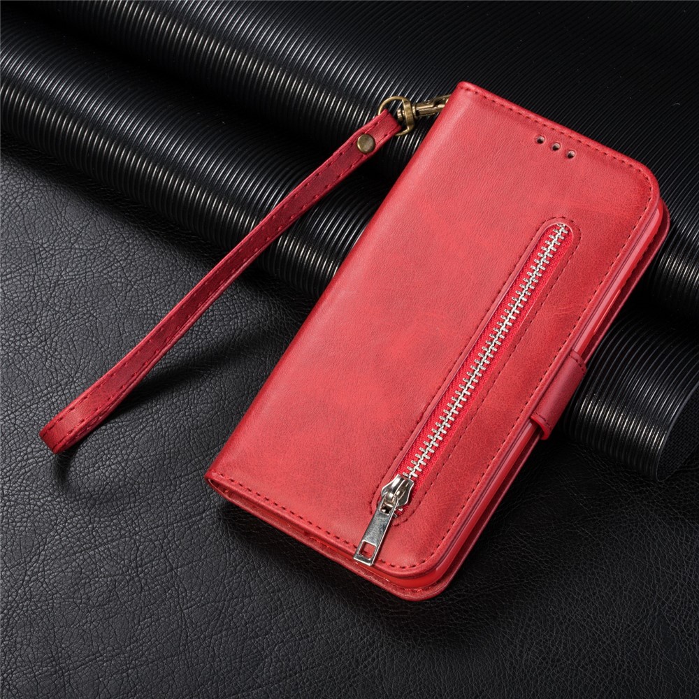 Zipper Pocket Leather Stand Case with Card Slots for Samsung Galaxy A52 5G - Red-6