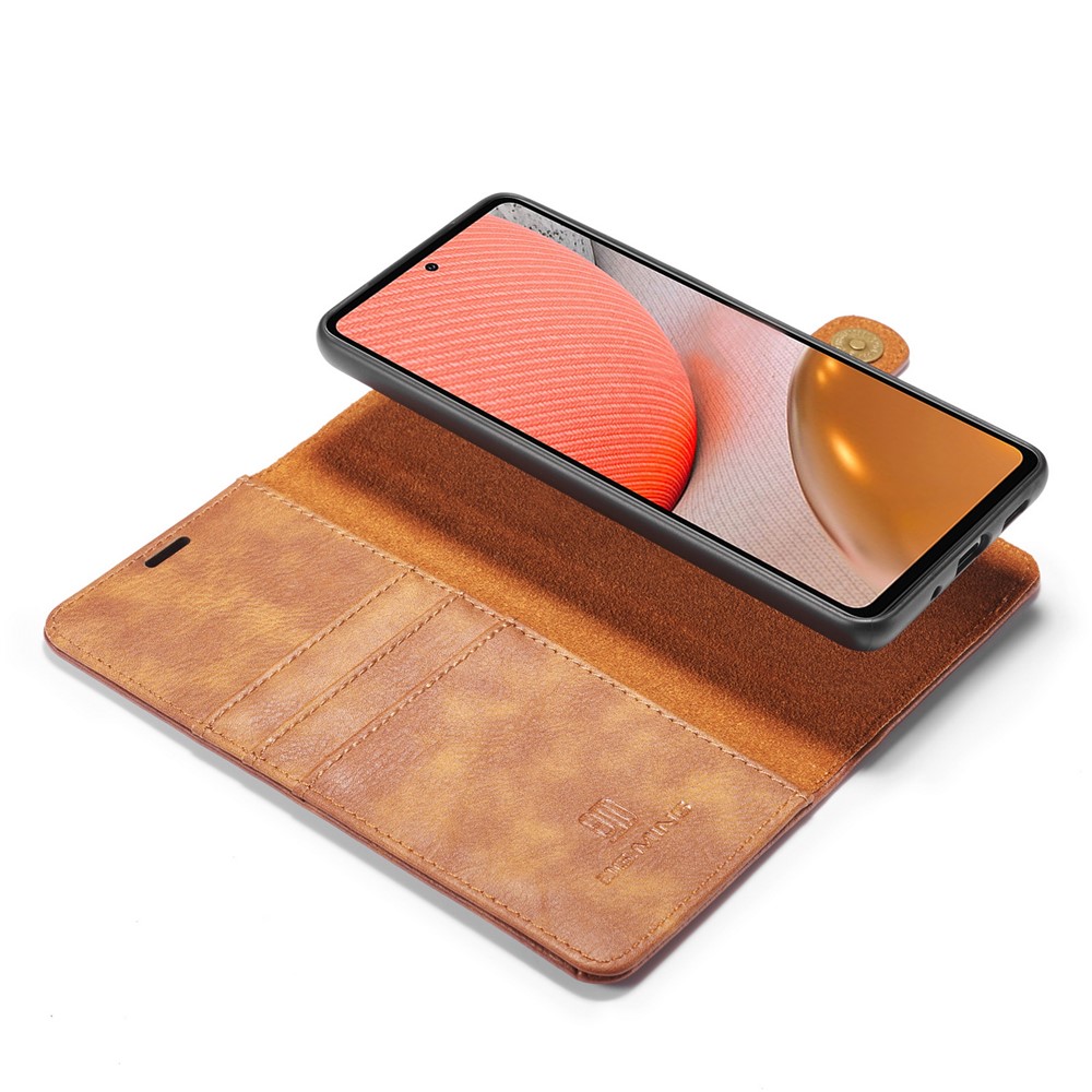 DG.MING Cover for Samsung Galaxy A72 5G Detachable 2-in-1 Split Leather Wallet Shell + PC Back Case - Brown-11
