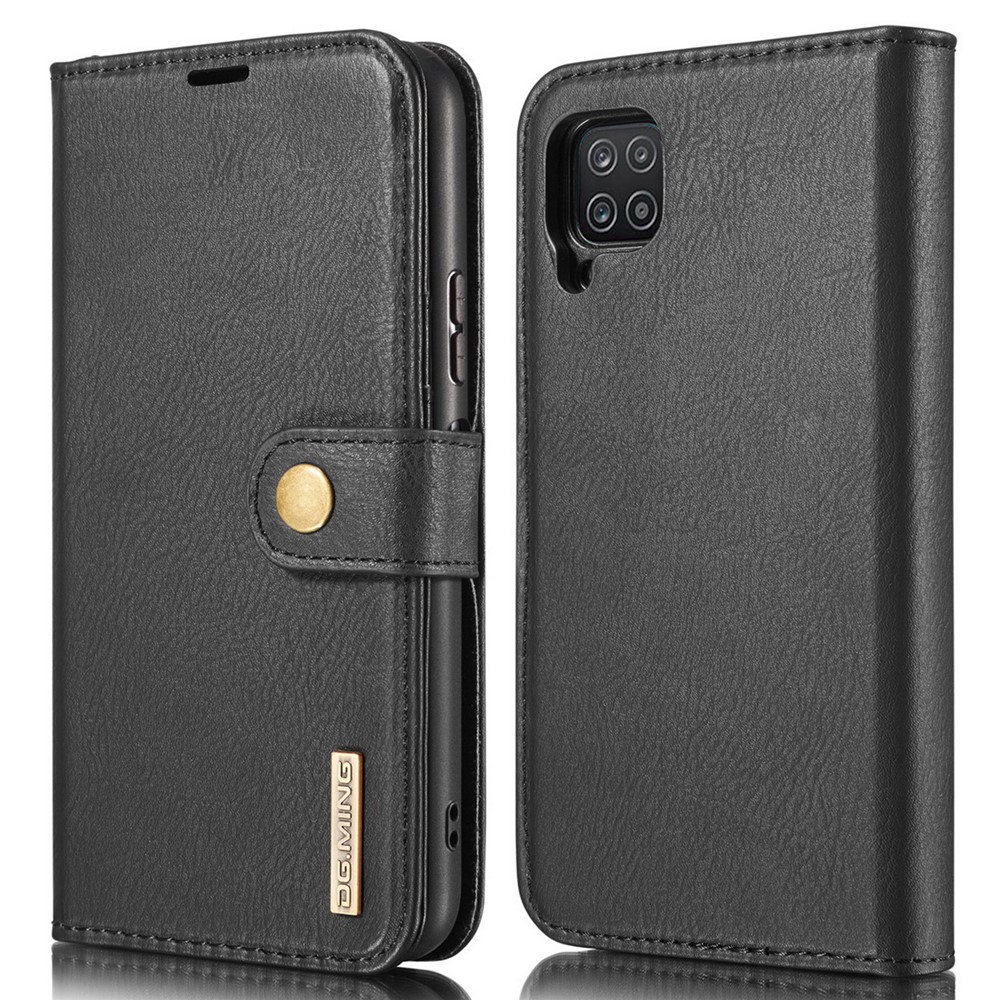 DG.MING Cover for Samsung Galaxy A12 Detachable 2-in-1 Split Leather Wallet Shell + PC Back Case - Black-1