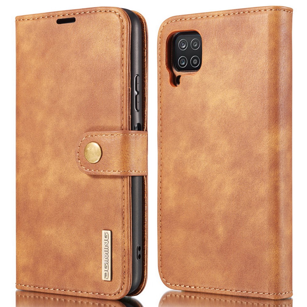 DG.MING Cover for Samsung Galaxy A12 Detachable 2-in-1 Split Leather Wallet Shell + PC Back Case - Brown-1