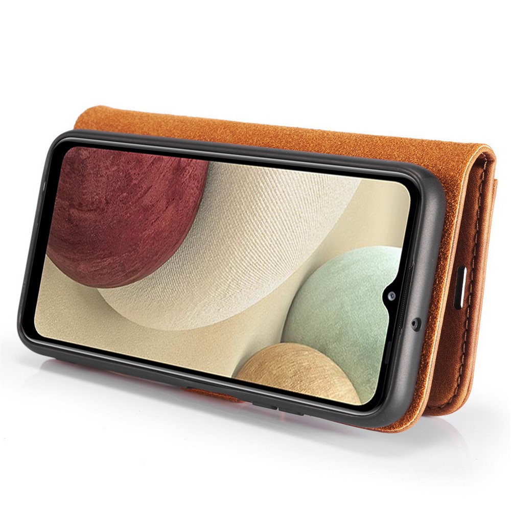 DG.MING Cover for Samsung Galaxy A12 Detachable 2-in-1 Split Leather Wallet Shell + PC Back Case - Brown-3