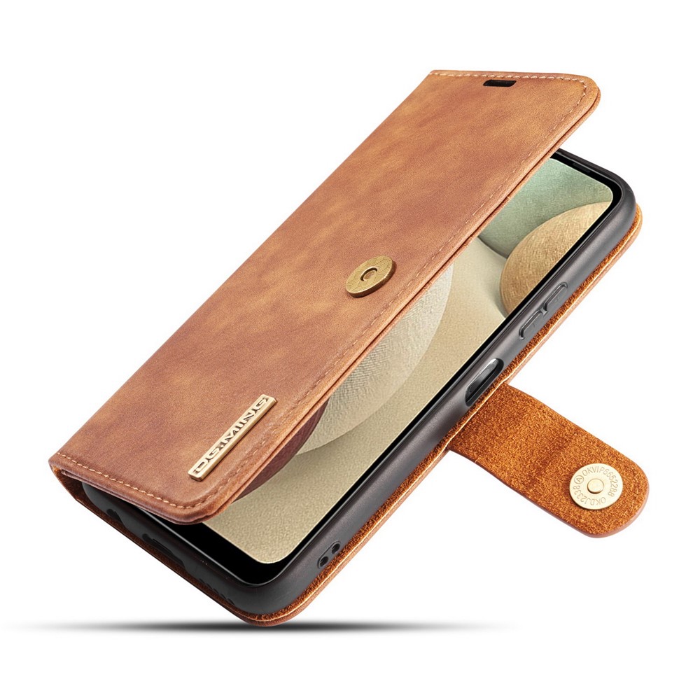 DG.MING Cover for Samsung Galaxy A12 Detachable 2-in-1 Split Leather Wallet Shell + PC Back Case - Brown-5