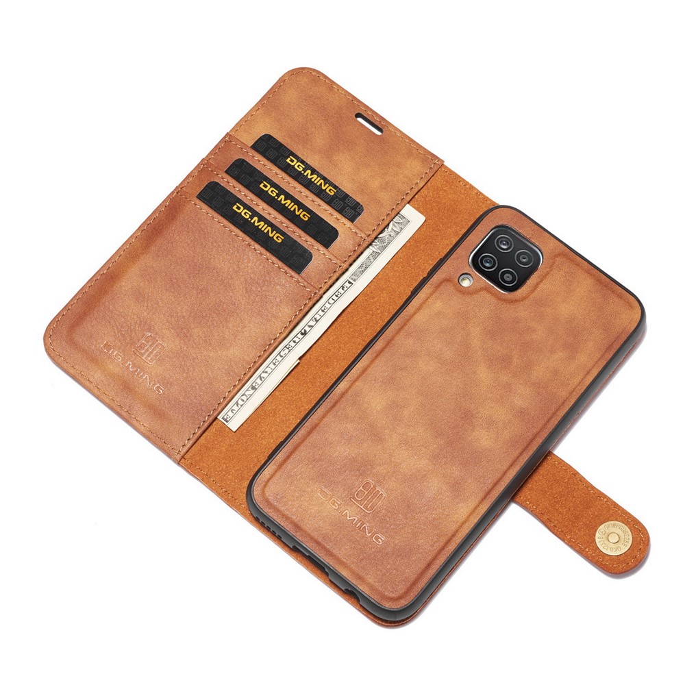 DG.MING Cover for Samsung Galaxy A12 Detachable 2-in-1 Split Leather Wallet Shell + PC Back Case - Brown-6