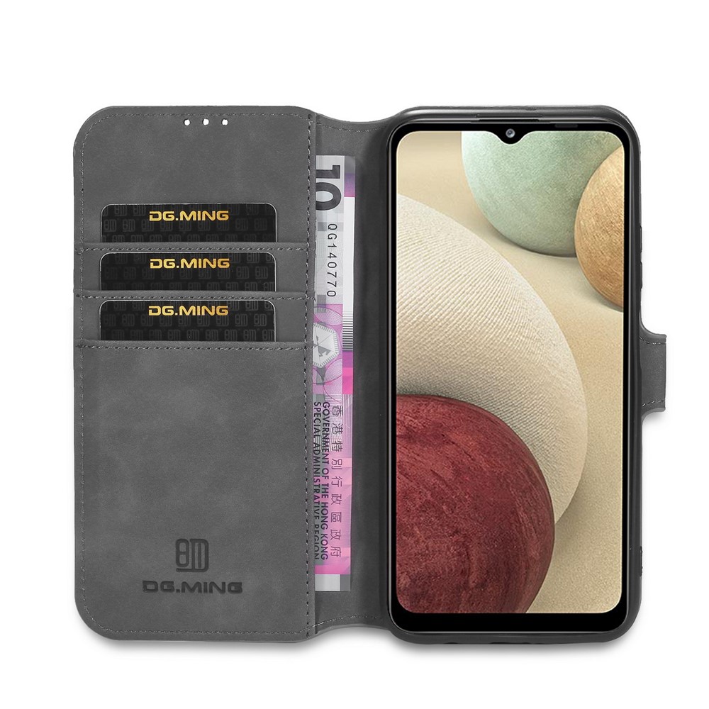 DG.MING Retro Style for Samsung Galaxy A12 Case Leather Wallet Stand Shell - Grey-4