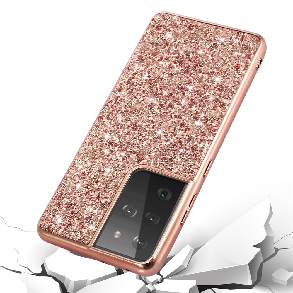 Glittering Sequins Design Plated TPU Frame + PC Hybrid Shell Case for Samsung Galaxy S21 Ultra 5G - Rose Gold-3