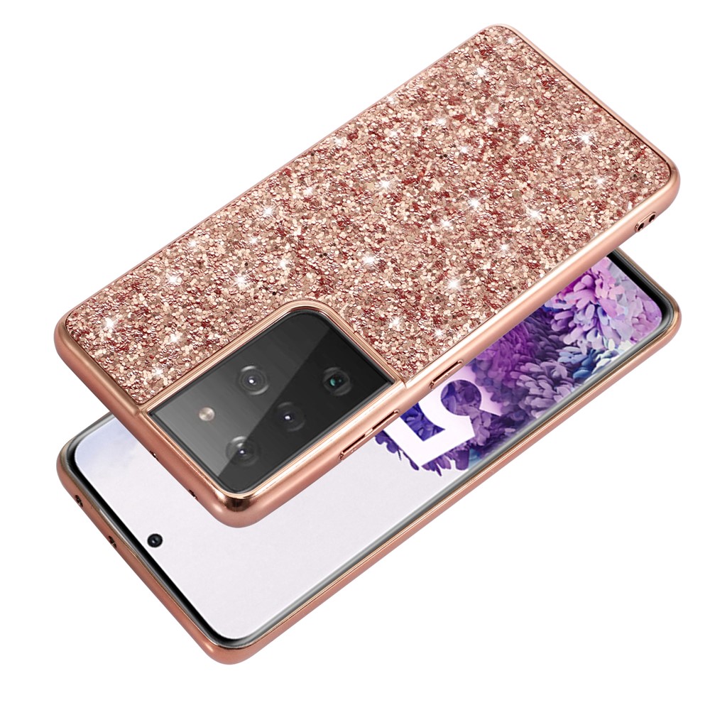 Glittering Sequins Design Plated TPU Frame + PC Hybrid Shell Case for Samsung Galaxy S21 Ultra 5G - Rose Gold-4