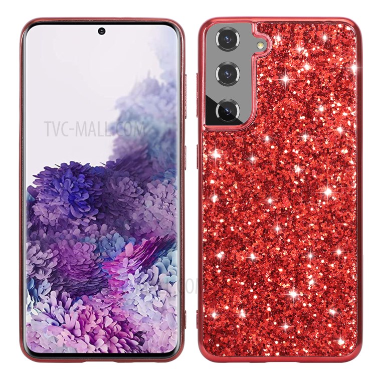 Glittering Sequins Design Plated TPU Frame + PC Hybrid Shell Case for Samsung Galaxy S21+ 5G - Red-1
