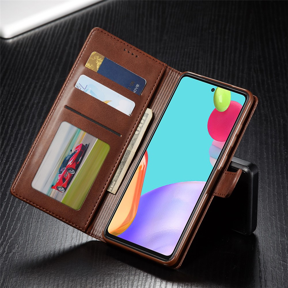 LC.IMEEKE Wallet Stand PU Leather Shell Mobile Phone Case for Samsung Galaxy A52 5G - Coffee-18