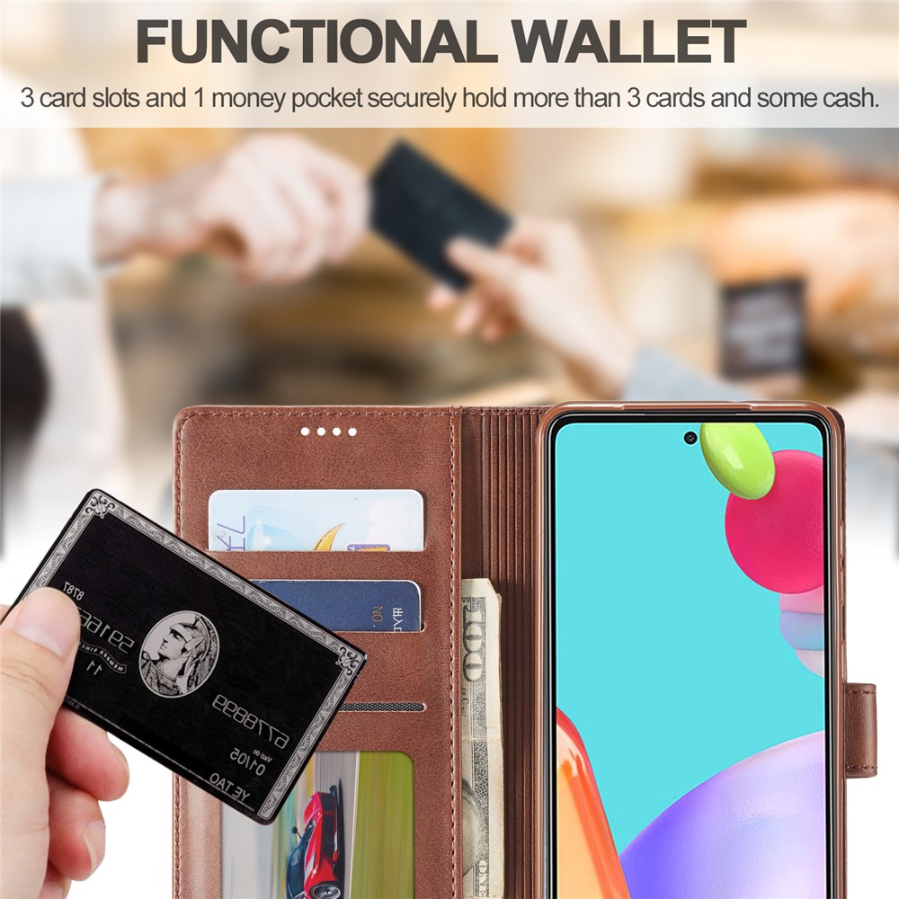 LC.IMEEKE Wallet Stand PU Leather Shell Mobile Phone Case for Samsung Galaxy A52 5G - Coffee-2