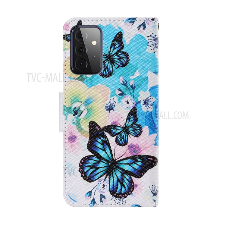 Pattern Printing TPU + PU Leather Wallet Stand Phone Case with Lanyard for Samsung Galaxy A72 5G - Blue Butterfly-2
