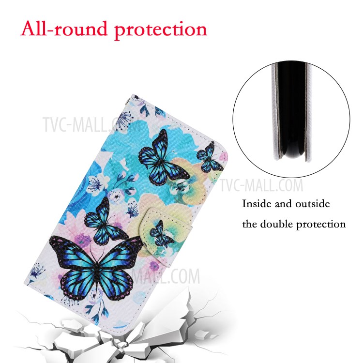 Pattern Printing TPU + PU Leather Wallet Stand Phone Case with Lanyard for Samsung Galaxy A72 5G - Blue Butterfly-4