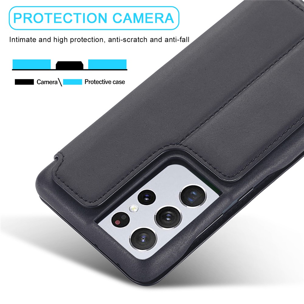 LC.IMEEKE Retro Style Protector Stand Leather Case with Card Holder for Samsung Galaxy S21 Ultra - Black-4