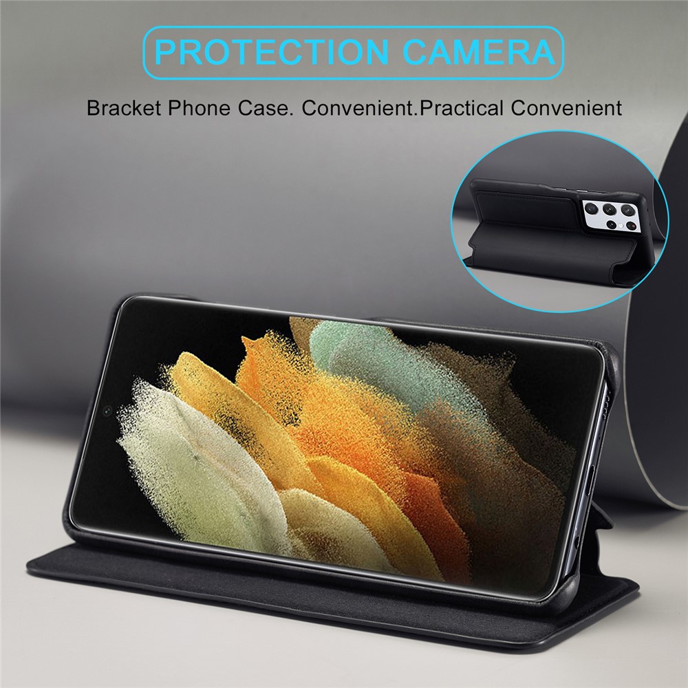 LC.IMEEKE Retro Style Protector Stand Leather Case with Card Holder for Samsung Galaxy S21 Ultra - Black-5