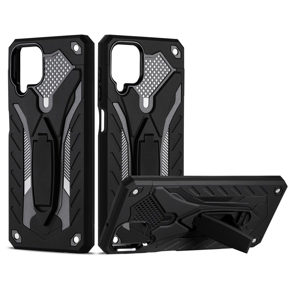 Phantom Knight Style TPU PC Protector Shell for Samsung Galaxy A12 Kickstand Cover - Black-1