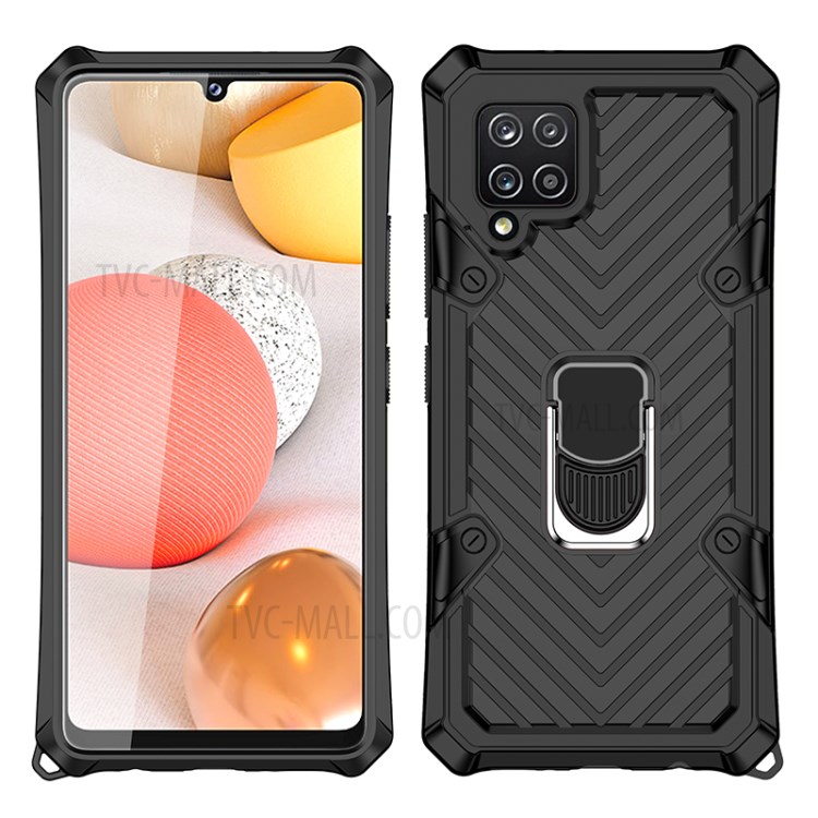 PC + TPU + Metal Hybrid Phone Protective Shell with Rotatable Finger Ring Kickstand for Samsung Galaxy A42 5G - Black-2